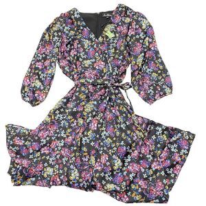 New SAM EDELMAN Black Mixed Floral Tiered Ruffle Wrap Maxi Dress Women's Sz 10